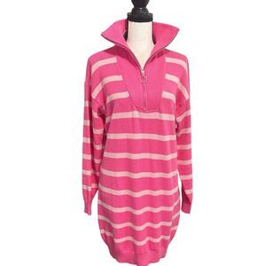 Pink & White 1/2 Zip Knit Sweater Dress Striped Sz M